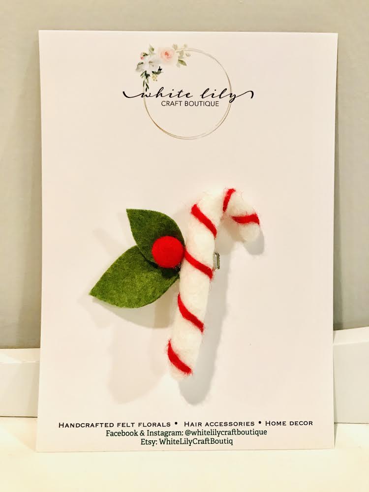 Serendipity's Closet White Lily Craft Boutiq felt candy cane hair clip