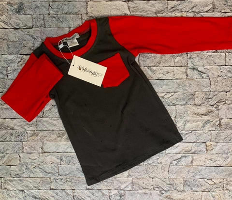 Serendipity's Closet HoneyBEES red and black floral pocket shirt