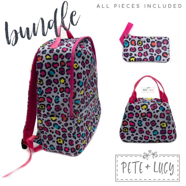 Serendipity's Closet Pete and Lucy Neon Leopard: 3 Piece backpack bundle